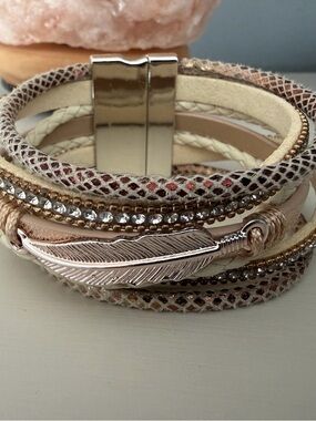 Multi-Strand Beige & Rose Gold Feather Wrap Bracelet